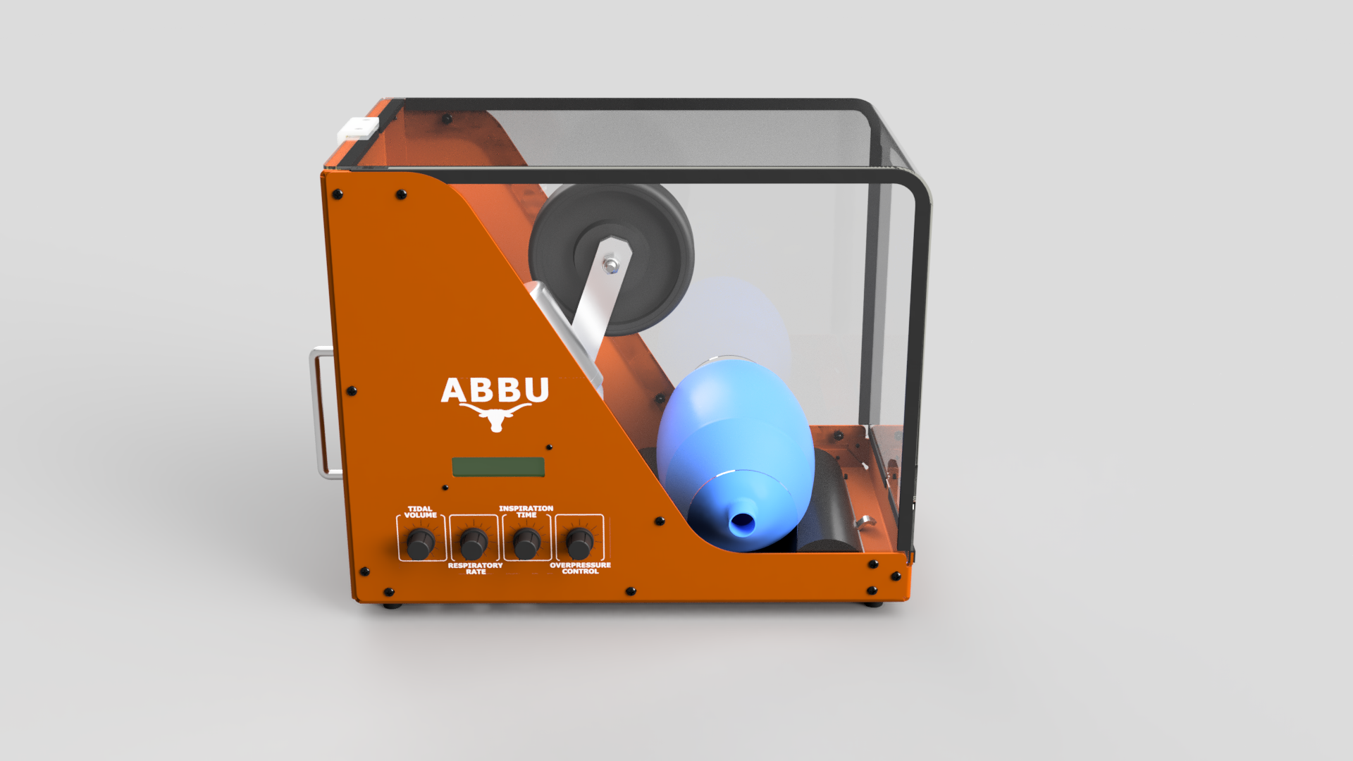 rendering of the Assisted Bag Breathing Unit ventilator device, in burnt orange with Longhorn emblem