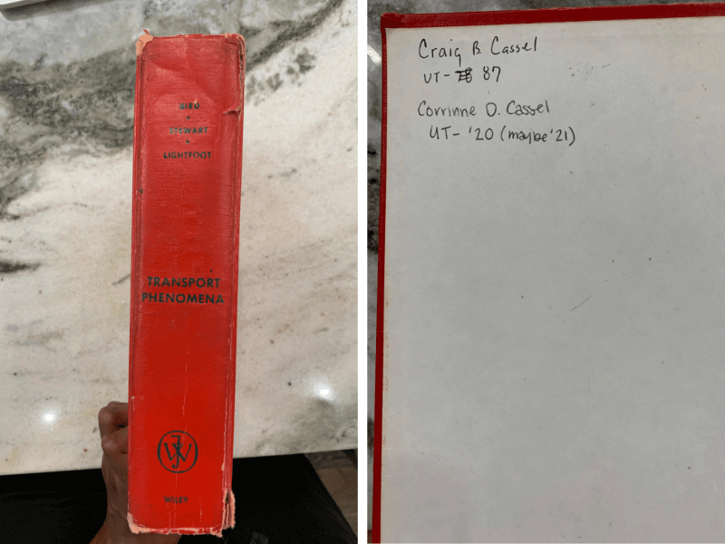Transport Phenomena book with Craig and Corinne Cassel's names written inside