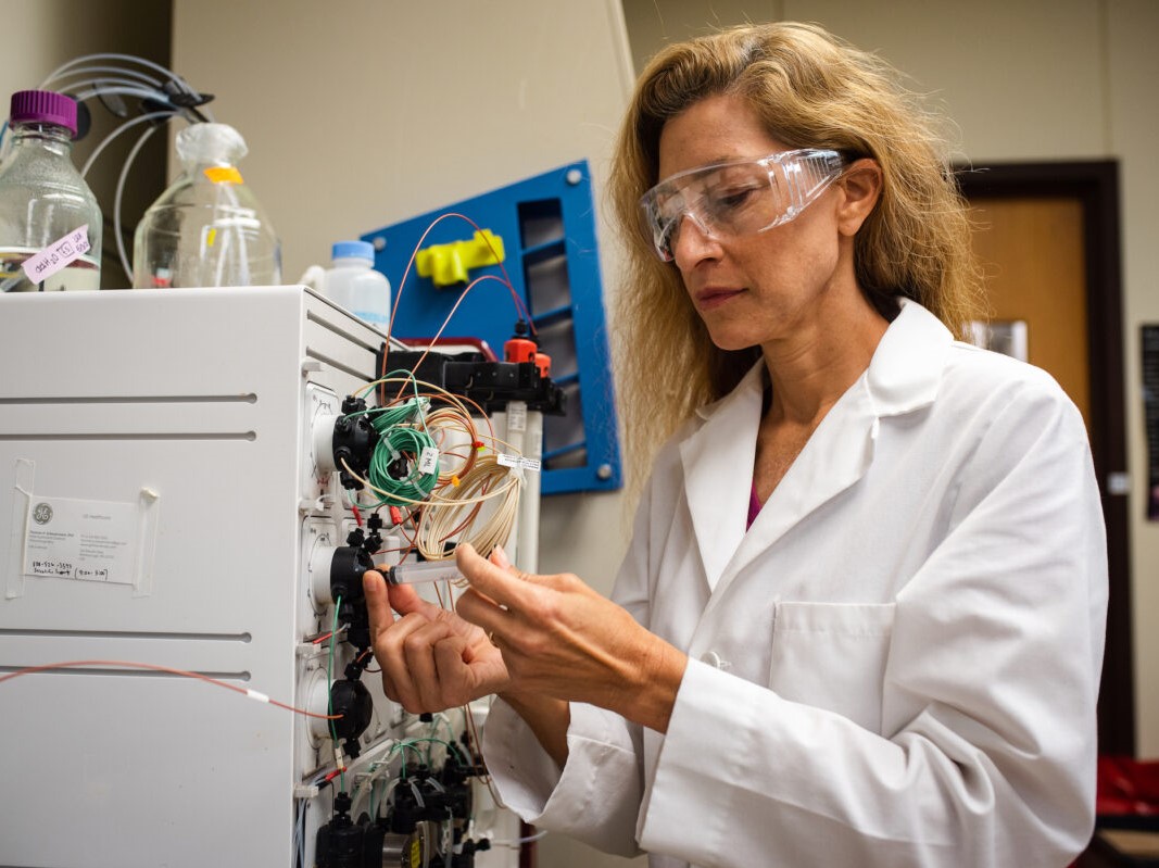 Jennifer Maynard working on research equipment in her lab